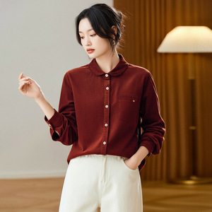 Chemise en coton brossé matelassée à manches longues pour femme, collection Printemps/Automne 2026, style rétro, facile à assortir, coupe ample amincissante - Product Image 4