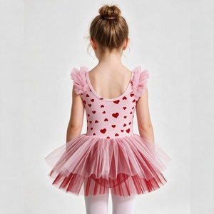 Robe tutu pour filles à imprimé cœur, manches à volants, justaucorps de ballet, robe de danse en tulle superposé, tenue de fête printanière - Product Image 3