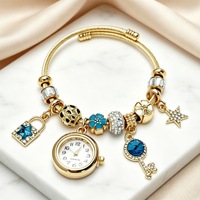 Gelang Jam Tangan Wanita Mewah Model Pan Bahan Stainless Steel Berhias Manik-Manik yang Dapat Disesuaikan, Liontin Kunci Bintang Kreatif, Jam Tangan Bergaya