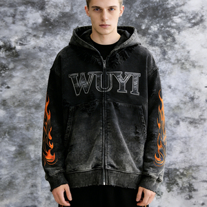 Sweat à capuche brodé personnalisé délavé à l'acide pour homme, coupe régulière, en molleton bouclette polyester/coton, style streetwear vintage pour l'automne - Product Image 1