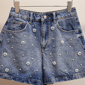 Shorts en jean pour femmes, nouvelle collection coréenne, ornés de perles florales, printemps-été, taille haute, coupe slim, polyvalents, décontractés, style Y2K - Product Image 3