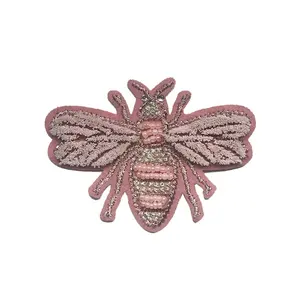 High Quality Sew on 3D Brush Embroidered Pink Bee Beads Rhinestone Applique Garment Bee Embroidery Patch DIY Embroidery Badge