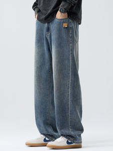 انفجارات الخريف والشتاء للرجال ، سراويل جينز كاجوال من الدنيم للرجال ، جينز مستقيم فضفاض على الطراز الأوروبي ، متوسط الخصر واسع الساق ، صلب متوسط - Product Image 6