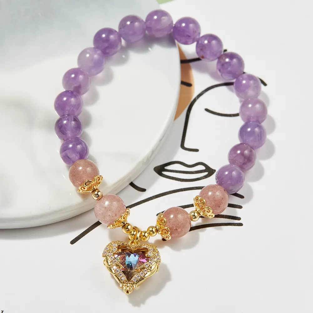 Luxury Natural Purple Crystal Stone Amethyst Beaded Diamond Gemstone Heart Charm Pendant Bracelets For Women Girls