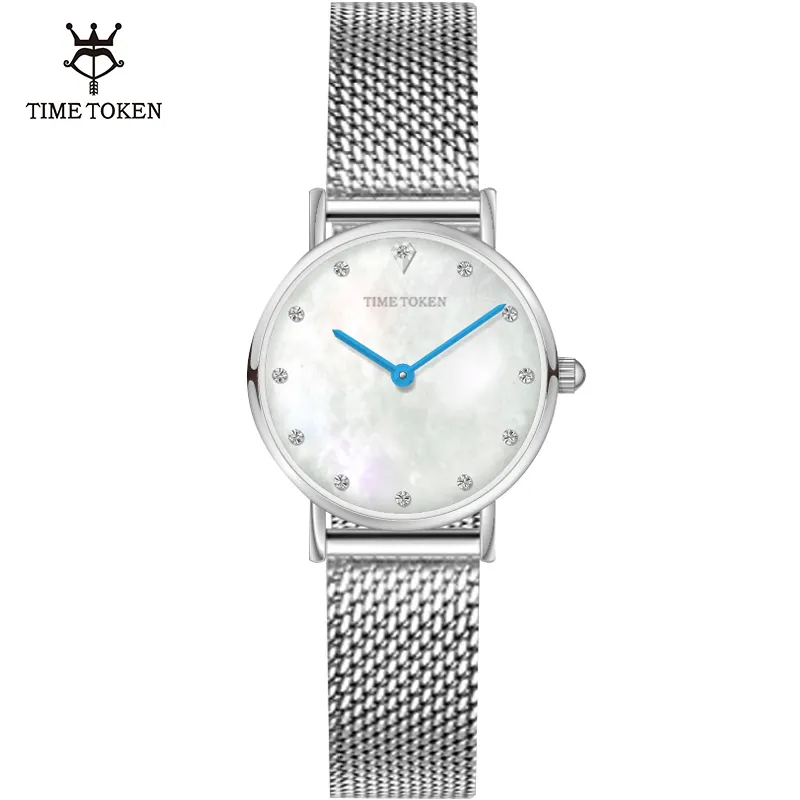 Relógio de pulso feminino japonês, token do tempo, joias da moda, aço inoxidável, malha, pulseira, senhoras, relógios de quartzo