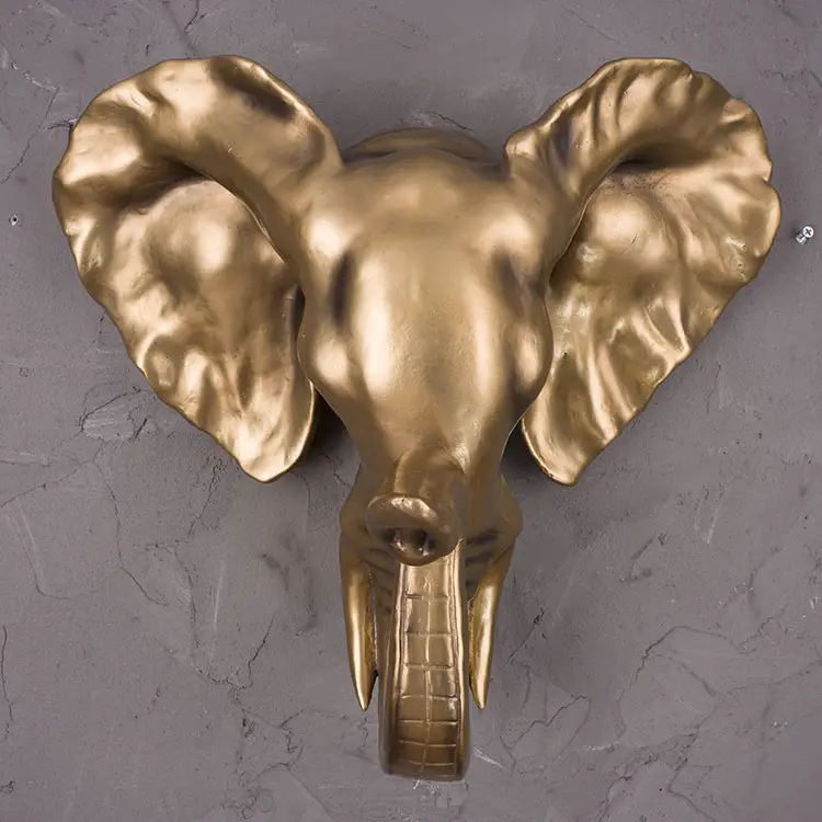 تمثال رأس فيل ذهبي مثبت على الحائط من Jiayi, تمثال برأس فيل ذهبي عصري بسيط مصنوع من الراتنج بطابع شخصي