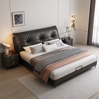 Lit plateforme moderne de luxe italien minimaliste avec tête de lit plissée douce en cuir gris anthracite, disponible en tailles King et Queen