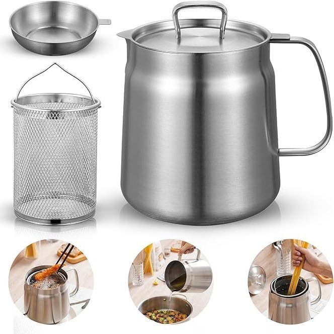 Stainless Steel Modern Multi-function Frying Pot with Lid Spout Oil Filter Induction Cooker Compatible Portable Heat Resistant