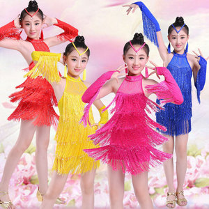 Traje de baile latino con borlas para niños, ropa de actuación de manga larga de spandex para niñas, verano 2016, amarillo, rojo, azul, rojo rosa - Product Image 1