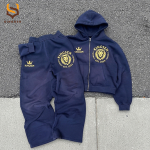 Custom Heavyweight 100% Cotton Hoodie Screen Print Zipper Hoodie Distressed Acid Wash Oversized Sweatsuits Tracksuit - Product Image 1