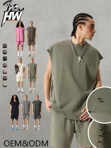 Camiseta de algodón sin mangas estilo americano vintage con agujeros para <span class=keywords><strong>hombre</strong></span>, peso pesado 275g, batik desgastado, verano 2025 - Product Image 1