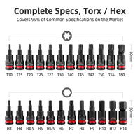 Juego de puntas de impacto de 3/8 pulgadas, de acero aleado S2, con vasos hexagonales y Torx H3-H14 T10-T60 CR-V, con acabado de fosfato negro, en estuche perforado, métrico.