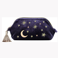 Trousse de maquillage personnalisée, sac cosmétique en velours brodé d'étoiles de lune avec glands, pochette de maquillage étoilée à fermeture éclair avec deux poches intérieures