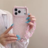 Coque de téléphone antichoc ornée de diamants et de dentelle, avec nœud en strass et chaîne oreilles de chat pour iPhone 17/16 Pro Max/15 Plus/14 Pro