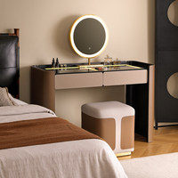 Meja Rias Cermin Permukaan Kaca Italia dengan Kabinet Penyimpanan Berbingkai Kayu Solid untuk Kamar Tidur Utama Desain Modern Mewah Ringan