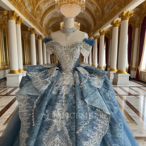 ชุดเดรสงาน Quinceanera สีน้ำเงินทรงเอไลน์แบบเปิดไหล่ ประดับด้วยลูกปัดและโบว์ รุ่น Xss05-5 - Product Image 2