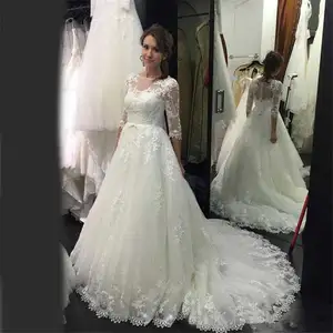 Sederhana Setengah Lengan Tombol Kembali Gaun Pengantin Vintage Bordiran Renda Garis Wedding Dresses dengan Kereta Menyapu untuk Pengantin 2020