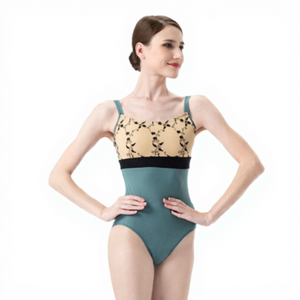 Maillot de Ballet para Mujer con Bordado Floral, Estampado Digital, Diseño en Bloques de Color Verde Azulado y Beige, 100% Poliéster, Ropa de Actuación Personalizada - Product Image 1