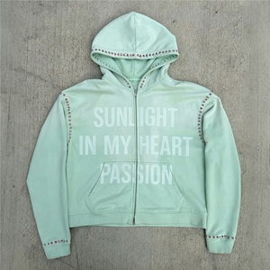 Custom Heavyweight Rhinestone Screen Print <b>Cropped</b> <b>Zip</b> <b>up</b> Hoodies Acid Wash Streetwear Drop Shoulder <b>Hoodie</b> for Men - Product Image 1