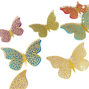 12 pièces/ensemble Autocollants muraux papillons 3D double couche colorés creux auto-adhésifs pour mariage, anniversaire, fête, décoration intérieure - Product Image 2