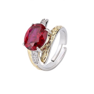 Fashion Jewelry Eco-friendly Copper Unique Bicolor Style Gold Plated Insert Oval Cut Red Zircon Two Tone Plated Band <b>Ring</b> - Product Image 1