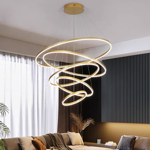 Lámpara Colgante LED Redonda Dorada Moderna, Altura Ajustable, Control Remoto, para Sala de Estar, Cuerpo de Aluminio, Luz Blanca Cálida 3500K - Product Image 3