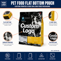Sachet à fond plat imprimé sur mesure, scellé sur 8 côtés, emballage alimentaire en plastique de qualité alimentaire pour aliments pour animaux, nourriture pour chiens, 1 kg, 5 kg, 20 kg