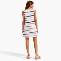 Robe Courte Femme en Coton Lavé 180g, Coupe Trapèze Décontractée, Sans Manches, Col en V, Rayures Graphiques, Style Riviera Française, Été Naturel, Vente en Gros
