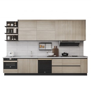 مطبخ صغير تقليدي أمريكي بتصميم أنيق، أزرق اللون، مصنوع من الأكريليك والراتنج، مع سطح عمل، خزائن مطبخ معيارية، مفصلات، حوض، وصنبور. - Product Image 1