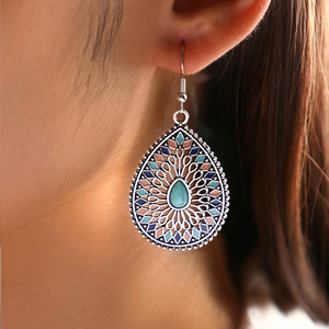 Fashion <b>Chandelier</b> Earrings Tibetan Silver Turquoise Women's Party Jewelry Bohemian Style <b>Feather</b> Design 2024 - Product Image 4