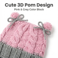 Gorro de bebé hecho a mano 100% algodón, rosa y gris con bloques de color, gorro de punto suave con detalles de pompón 3D, gorro de invierno cálido de ganchillo común