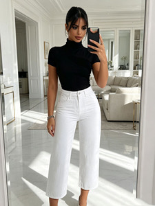 Vaqueros de pierna ancha de ocho pulgadas de color blanco puro para mujer, estilo europeo y americano, pantalones rectos de ocho pulgadas que favorecen la figura. - Product Image 5