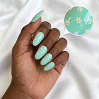 Faux ongles en gros à presser motif marguerite, forme amande, vert menthe, marque privée, ongles artificiels en gros