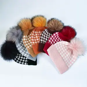 Winter Knit Warm Wool Knitted Hats With Fur Pompom for Women Fashion Houndstooth Pattern Wide Cuff Beanie Wholesale Loose Hat