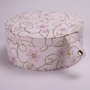 Wholesale Round Shape Faux White PU Leather Printed Jewelry Packaging Box Storage Organizer Case With Logo Luxury Ring Slots