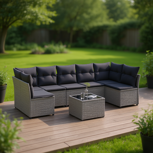 Grey Pe <b>Rattan</b> Garden <b>Sofa</b> Set 6 Seater Adjustable Feet Outdoor Furniture Contemporary Design - Product Image 2