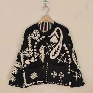 <b>Black</b> Hand Embroidered <b>Jacket</b> Folk Art Suzani Style Cropped <b>Jacket</b> Boho Statement <b>Jacket</b> Handmade Ethnic Outerwear - Product Image 1