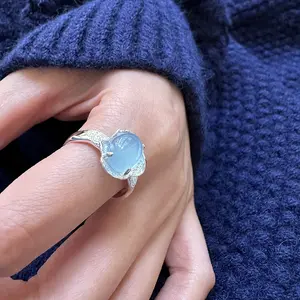 JoyEver alta gioielleria trama martellata dedica 925 argento sterling anello ovale blu zircone
