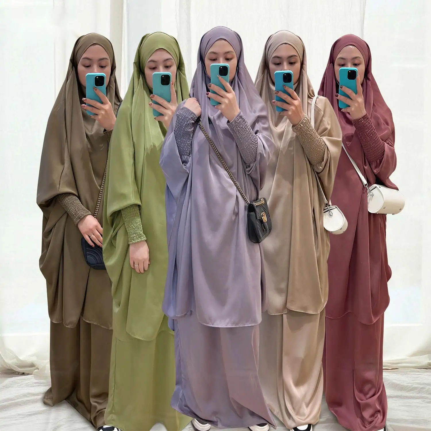 Conjunto de 2 piezas de satén de abaya para mujer, ropa islámica, 12 colores lisos, Ramadán, Eid, moda 2023