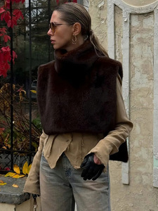 Nuovo Blazer Corto <span class=keywords><strong>in</strong></span> Pelliccia Sintetica di <span class=keywords><strong>Visone</strong></span> con Collo Alto Personalizzato per Donna, Senza Maniche - Product Image 6