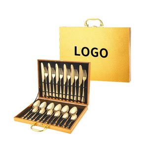 2026 Luxury <b>Sets</b> 24Pcs Gold Stainless Steel Fork Spoon Flatware With Wooden Box <b>for</b> Wedding - Product Image 1