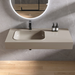 Lavabo de Superficie Sólida con Soporte de Pared para Baño, Lavabo Moderno Personalizado en Gris Café - Product Image 5