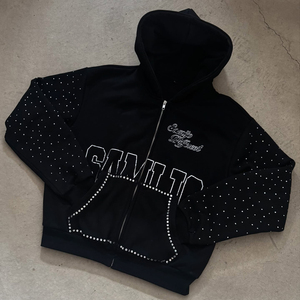 Oem Custom Screen Print Logo Rhinestone <b>Zip</b> <b>Up</b> Hoodie Rips Streetwear <b>Fleece</b> Zipper Hoodies For <b>Men</b> - Product Image 2