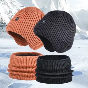 Gorro de lana de punto cálido de invierno para hombre, además de gorro de terciopelo y bufanda, traje para mujer, gorro de protección para los oídos para ciclismo al aire libre