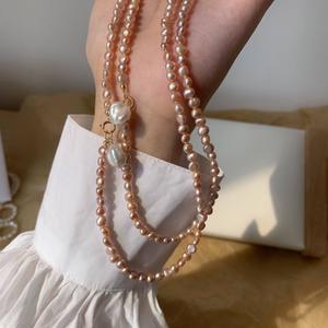 14K Gold-Plated Baroque Natural Pearl <b>Necklace</b> Original <b>Pink</b> Purple Collarbone Chain Niche Design for Autumn Winter Sweaters - Product Image 5