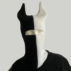 High Quality Hot Sale Face Mask Beanies Warm Winter Custom Logo Hats&Caps With Light Ox Horn Knitted Hats for Hallowmas
