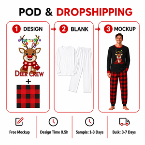 Ensemble de pyjamas assortis pour la famille, imprimé rennes de Noël personnalisé, à carreaux noirs, en polyester, vêtements de nuit pour hommes, femmes et enfants, dropshipping POD MOQ 1PC - Product Image 4