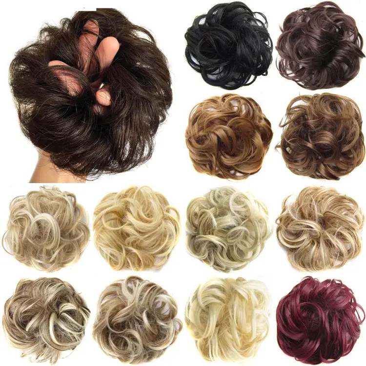 Rambut sintetis sisir jepit rambut dalam berantakan keriting Chignon dengan pita elastis hiasan rambut donat untuk wanita