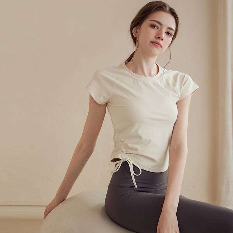 High-end Yoga Sports Top Women's Short-sleeved Tight Slim Spandex/Nylon Quick Dry Solid Summer Running Pilates Training