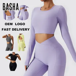 BASHAsports 2023 Custom Logo Tracksuit Set Top Colheita de mangas compridas Shorts camisa Sports Bra V Cintura Leggings Bolso Ribbing